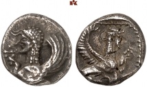 Prä- und protodynastische Prägungen. AR-Tetrobol, um 480/460 v. Chr., unbestimmte Münzstätte; 3,12 g. Müseler III, 24 (dies Exemplar).
