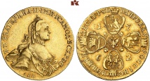 Katharina II., 1762-1796. 10 Rubel 1762, St. Petersburg. 16,56 g. Bitkin 4 (R1); Diakov 2 (R2); Fb. 129.