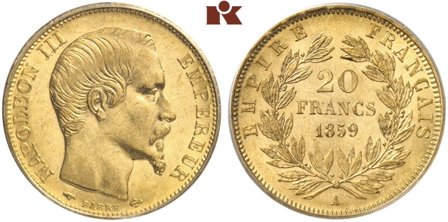 Napoléon III, 1852-1870. 20 Francs 1859 A, Paris. Fb. 573; Gadoury 1061;  Mazard 1440; Schl. 285.