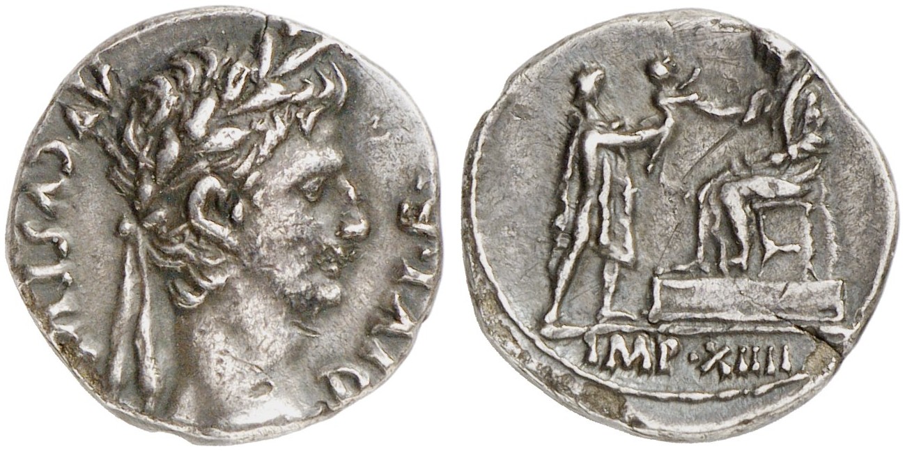 Augustus, 30 v.-14 n. Chr. AR-Denar, 8 v. Chr., Lugdunum; 3.69 g. BMC ...