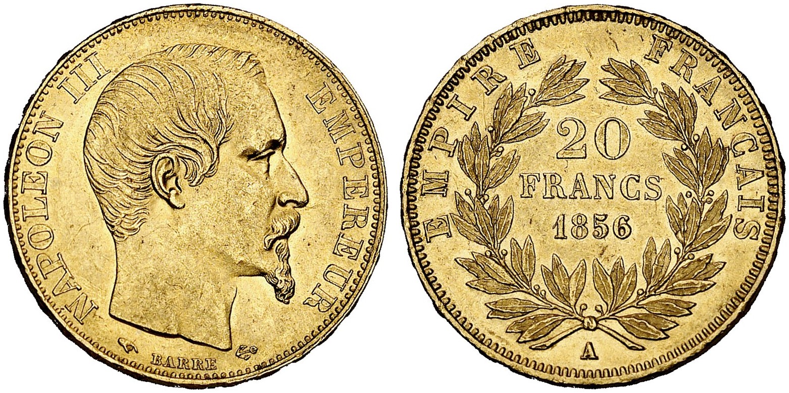 Napoléon III, 1852-1870. 20 Francs 1856 A, Paris. Fb. 573; Gadoury 1061;  Mazard 1437; Schl. 281.