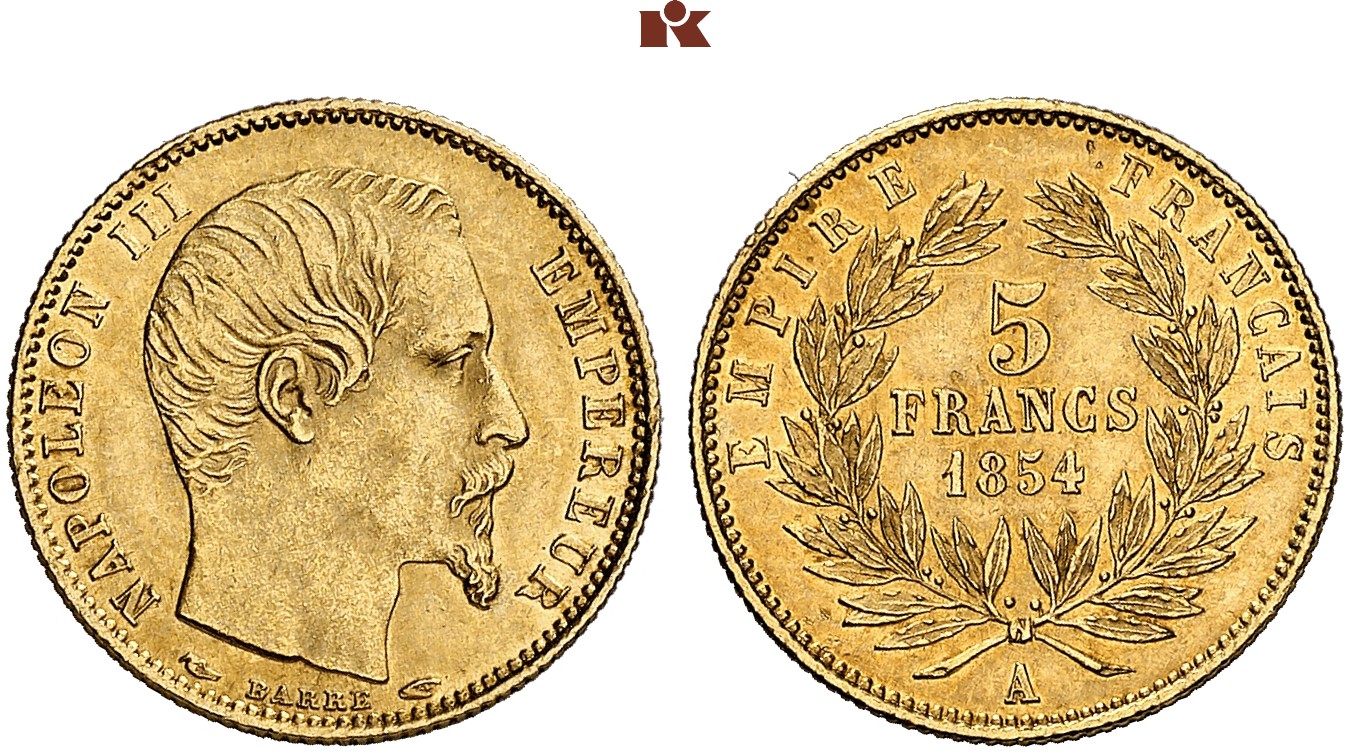 Napoléon III, 1852-1870. 5 Francs 1854 A, Paris. Fb. 578; Gadoury