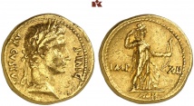 Augustus, 30 v.-14 n. Chr. AV-Aureus, 11/10 v. Chr., Lugdunum; 7,76 g. BMC 489; Calicó 234; Coh. 171 (dort als Denar); RIC² 196.