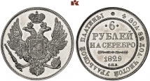 Nikolaus I., 1825-1855. 6 Rubel Platin 1829, St. Petersburg. Bitkin 55 (R2); Fb. 159; Schl. 76.