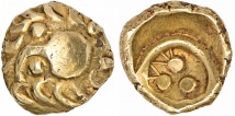 VINDELIKER. AV-Stater (Regenbogenschüsselchen), 75/50 v. Chr.; 7,20 g. Kellner Typ II D; Slg. Flesche 304.